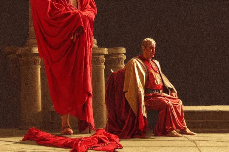 Image similar to a tired, lonely and broken julius caesar is sitting on his throne. face is highly detailed. splices of red are running down his toga. mist. color scheme red and gold. soft light. low angle medium shot. imagined by greg rutkowski and jean - leon gerome