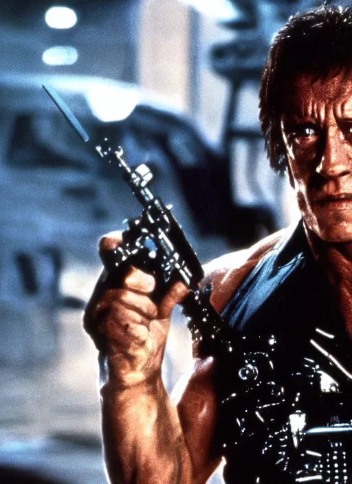 Image similar to film still of Silvester Stalone as The Terminator in The Terminator, 4k