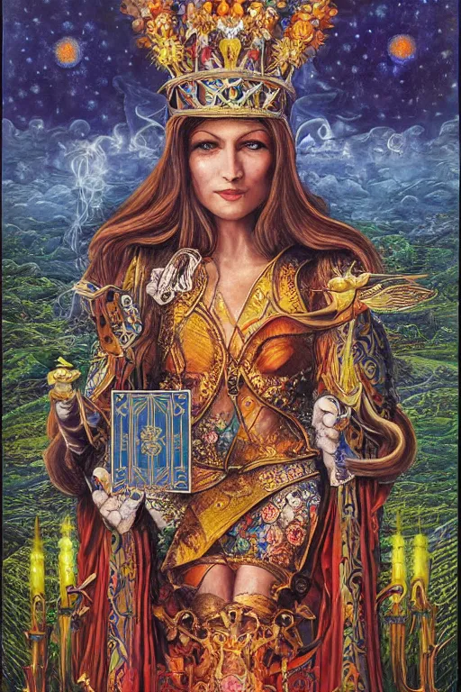 Image similar to beautiful tarot card of the queen of dreams by carol bak and jacek yerka, oil on canvas, intricate border, portrait, 8k highly professionally detailed, HDR, CGsociety