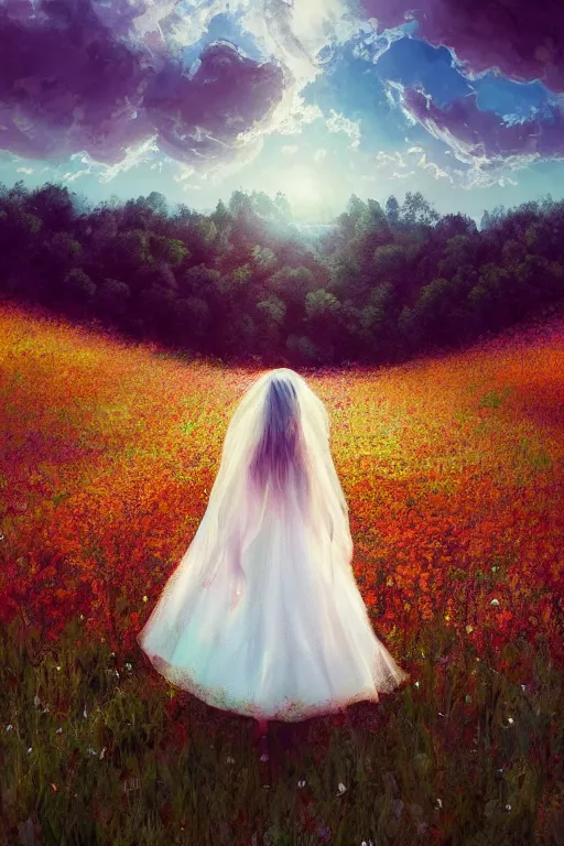Prompt: giant white flower crown as head, veil girl walking in a flower field, surreal photography, sunrise, dramatic light, impressionist painting, colorful clouds, digital painting, artstation, simon stalenhag