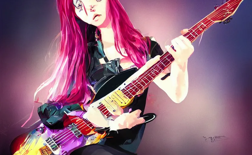 Image similar to rockstar girl playing electric guitar on stage. by amano yoshitaka, digital art, digital painting, illustration, artstation trending