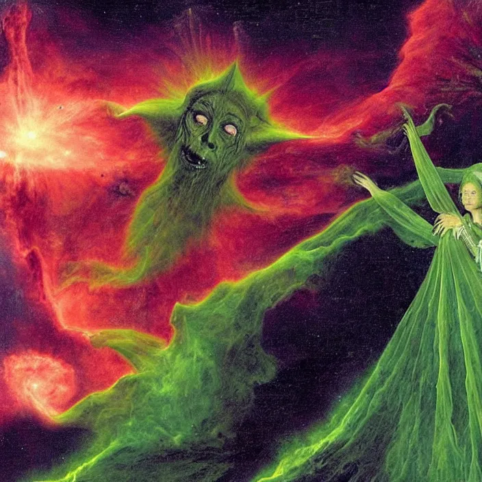 Prompt: a closeup portrait of a cloaked woman floating next to a green - horned goblin monster nebula, green - horned goblin monster nebula, by jan van eyck