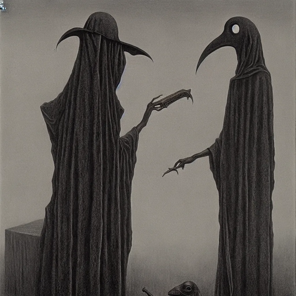 Prompt: Plague doctor. Coffin. Zdzisław Beksiński.