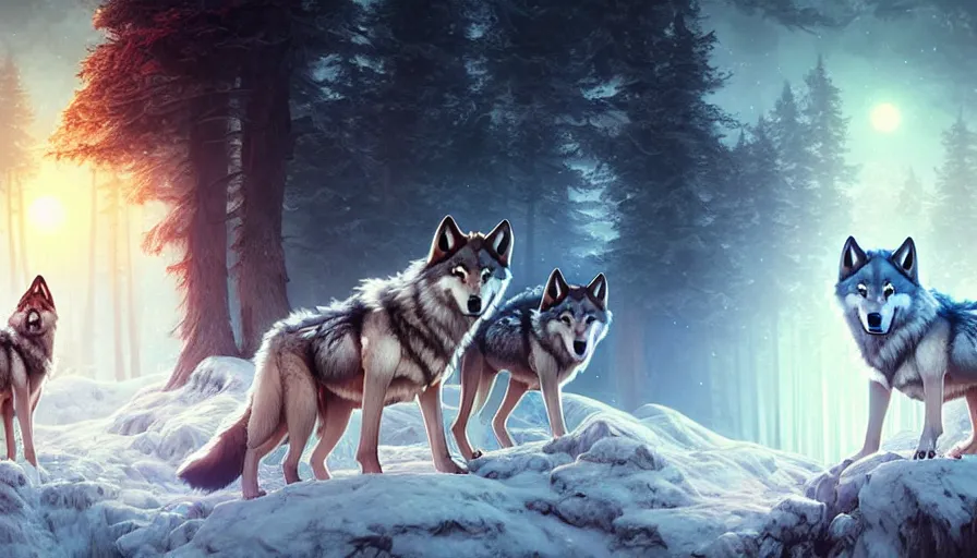 Image similar to dreamy fantasy pack of wolves, bright, white, epic scene, highly detailed, high quality, 8 k, 4 k, octane render, digital painting, alena aenami, lilia alvarado, shinji aramaki, karol bak, alphonse mucha, tom bagshaw