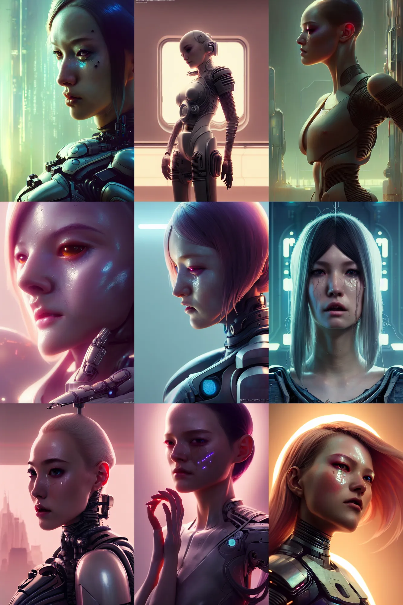 Prompt: crying beautiful female android!, intricate detailed environment, photorealistic!, octane render, mechanical, concept art, cinematic lighting, digital art, cgsociety, hyper realism, cyberpunk 8 k, flowerpunk. by artgerm and wlop and maciej kuciara and godmachine and moebius and rossdraws and greg rutkowski and alphonse mucha and stanley lau
