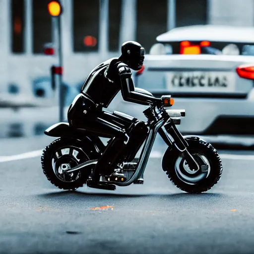 Image similar to Film still of 'Robot Future 2050'. Motorcycle chase scene. Sigma 85mm f/1.4