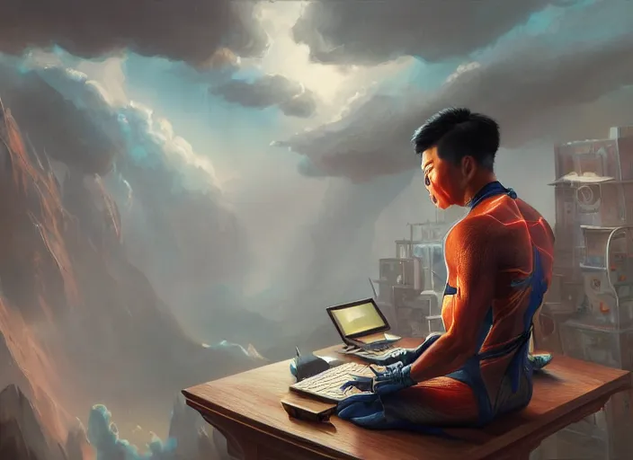 Prompt: an insanely detailed painting of an asian man wearing a homemade superhero costume, sitting at a desk, staring seriously at the computer and typing, in the style of peter mohrbacher, james jean, dramatic lighting and composition, surreal background, octane render, pixar, trending on artstation, concept art, comic book, view from behind, 8 k