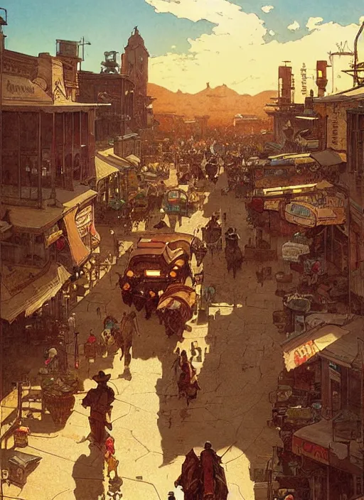 Prompt: beautiful scene commission of a bustling desert western town. Atmospheric. Renowned scene illustration by greg rutkowski, thomas kindkade, alphonse mucha, loish, norman rockwell. detailed, inked, western comic book art
