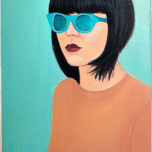 Prompt: a portrait painting of a girl with a short black bob hairstyle wearing teal colored sunglasses, johanna martine