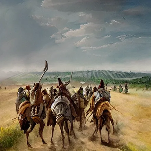Prompt: nomads storming through flatlands, illustration, realistic