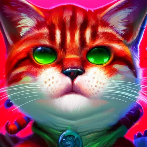 Prompt: close up of furious teemo from league of legends as a red american shorthair cat, vivid color, neon color, intricate detail, digital painting, particles floating, whimsical background by marc simonetti, artwork by ross tran + ramond swanland + liam wong