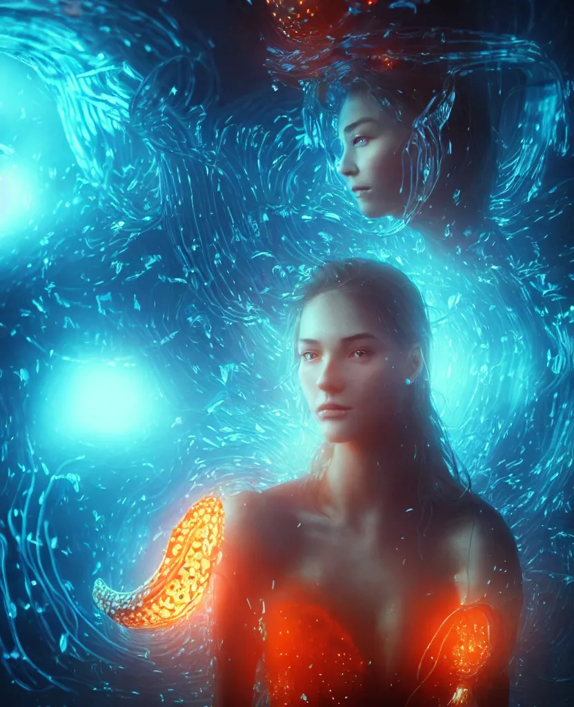 Image similar to close-up portrait of a beautiful girl floating in ethereum surrounded by floating jellyfish, energy flows of fire and water, flashes of plasma, 3d with depth of field, blurred background, a highly detailed epic cinematic concept art CG render. made in Maya, Blender and Photoshop, octane render, excellent composition, cinematic dystopian brutalist atmosphere, dynamic dramatic cinematic lighting, aesthetic, very inspirational, arthouse. y Greg Rutkowski, Ilya Kuvshinov, WLOP, Stanley Artgerm Lau, Ruan Jia and Fenghua Zhong