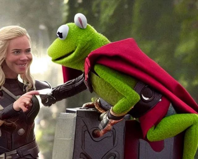 Image similar to a still from the movie Thor: Love and thunder with Kermit the muppet frog playing Thor