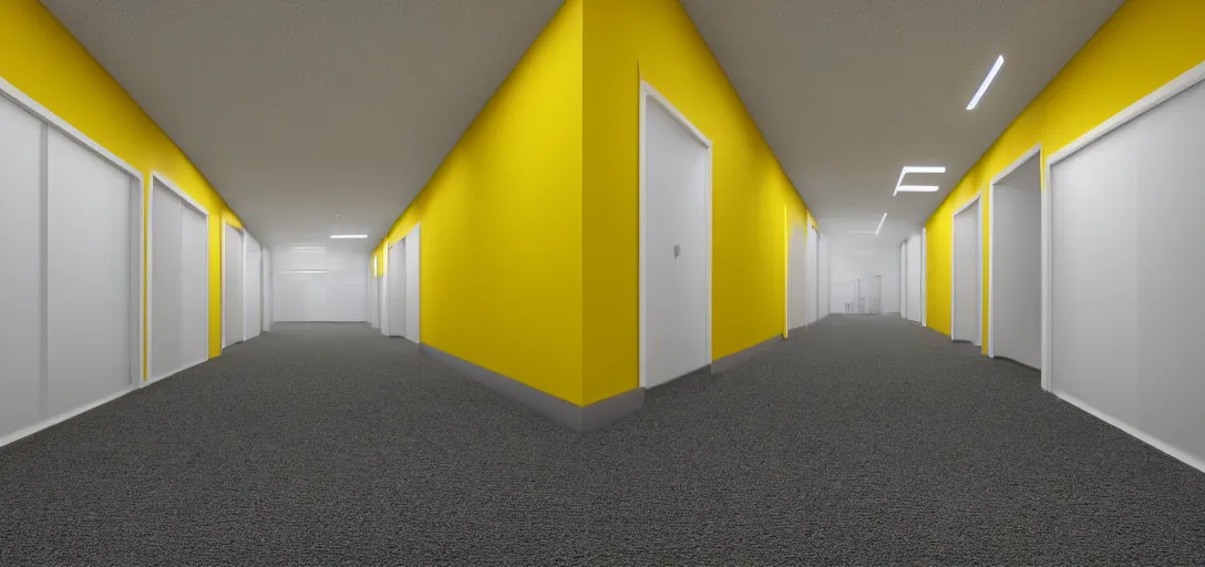 Prompt: backrooms office place yellow walls carpet floor led lights with nobody, bright, 8 k photorealistic, hd, high details, trending on artstation