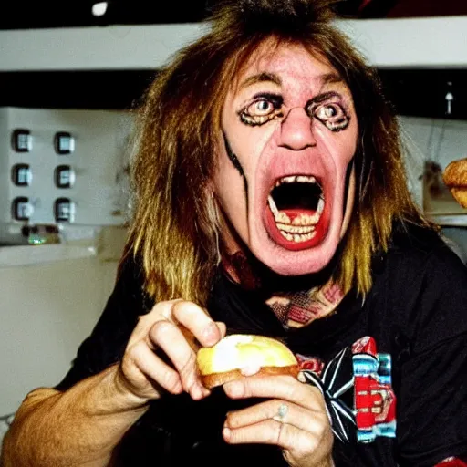 Image similar to eddie from iron maiden eating a hamburger