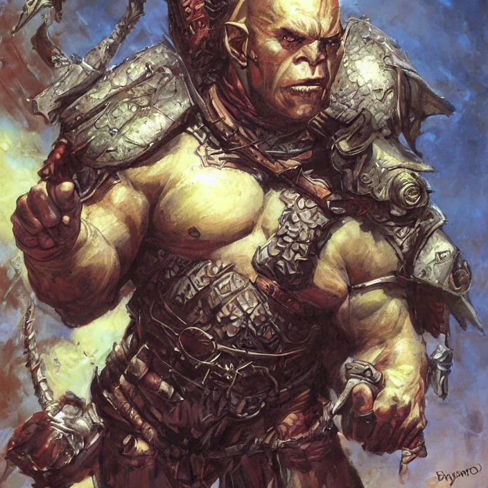 Image similar to a fantasy comic book style portrait painting of a half - orc male warrior, art by donato giancola and bayard wu and gustav moreau and wayne barlowe