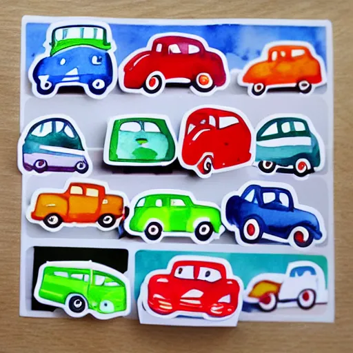 Prompt: a watercolour sticker pack with of cars