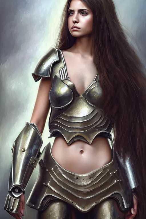 Image similar to a photorealistically painted portrait of an attractive young girl, partially clothed in metal-plated battle armor, with an abstractly painted background, flawless olive skin, fair complexion, long dark hair, beautiful bone structure, perfectly symmetric facial features, perfect photorealistic eyes, natural physique, intricate, elegant, digital painting, concept art, finely detailed, beautifully illustrated, sharp focus, minimal artifacts, volumetric lighting, from DOOM and Halo, by Ruan Jia and Mandy Jurgens and Artgerm and William-Adolphe Bouguerea, in the style of Greg Rutkowski, trending on Artstation, award winning art