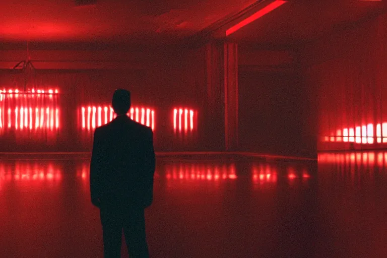 Image similar to back of a man facing a dark conference hall, people cheering at the atmospheric and obscure, red neon light, by roger deakins, cinematography, syd mead