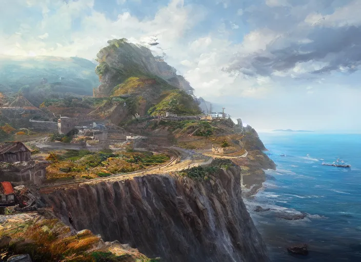Image similar to coastal city perched on a cliff overlooking a magnificient bayconcept art oil painting by Jama Jurabaev, extremely detailed, brush hard, artstation