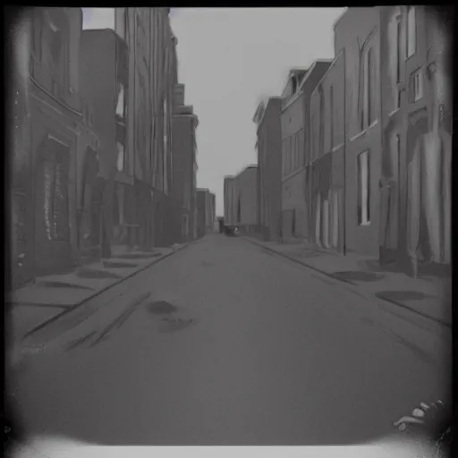 Prompt: A polaroid of a street with no one on it but a eldritch creature. Black and white, grainy, dark colors, cinematic lighting, hyper detailed, trending on art station.