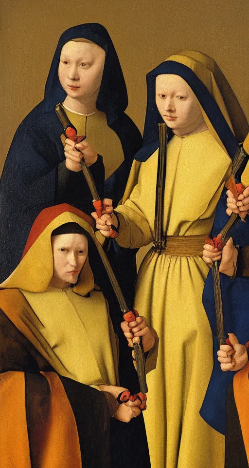 Prompt: a painting of 3 superhero nuns holding nunchucks, medieval painting by Jan van Eyck, Johannes Vermeer