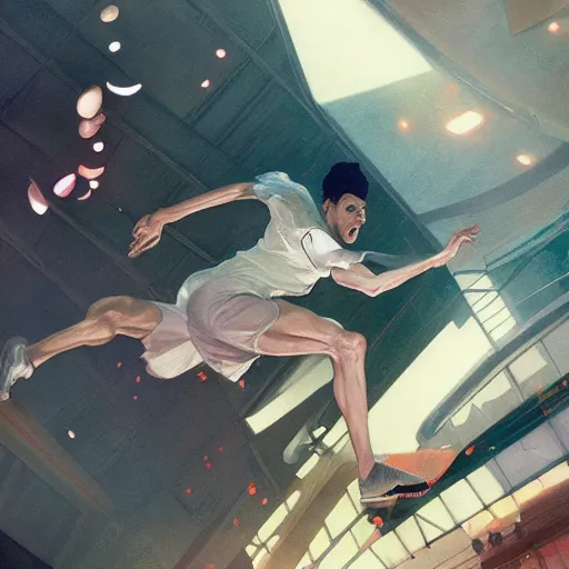 Prompt: cinematic painting of qwop!!!!!!!!!!!!!!!!! running down the track, art by krenz cushart and artem demura and alphonse mucha, kinetic, motion, athletic, running