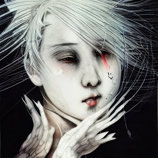 Image similar to Yoshitaka Amano realistic illustration of an anime girl with white hair and cracks on her face wearing dress suit with tie fluttering in the wind, abstract black and white patterns on the background, noisy film grain effect, highly detailed, Renaissance oil painting, weird portrait angle