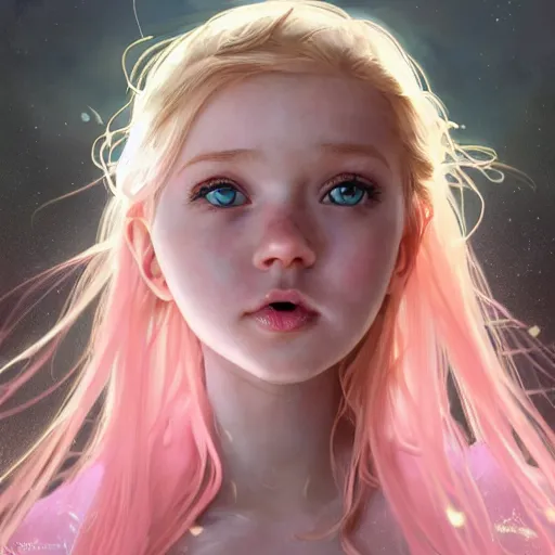 Prompt: a photorealistic dramatic fantasy render of adorable young girl, tounge out, blonde hair, blue eyes, in pink short mini skirt, by wlop, artgerm, greg rutkowski, alphonse mucha, beautiful dynamic dramatic sense of awe, lighting, shadows, cinematic atmosphere, artstation, concept design art, octane render, 8 k