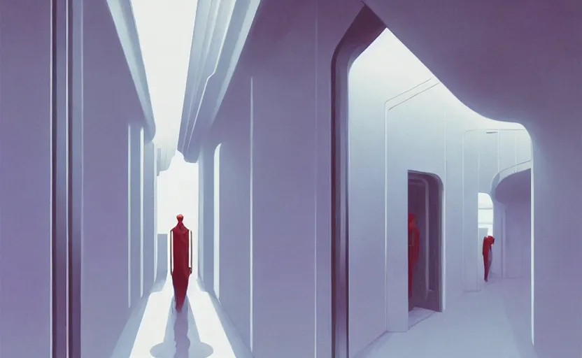 Image similar to A white futuristic modern corridor, very coherent, painted by Edward Hopper, Wayne Barlowe, painted by James Gilleard, airbrush, art by JamesJean