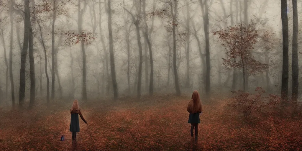 Image similar to a girl in an autumn forest, by Aron Wiesenfeld, wolf, cinematic, detailed illustration, nature, fog, dark colors, suspense, intricate, 8k