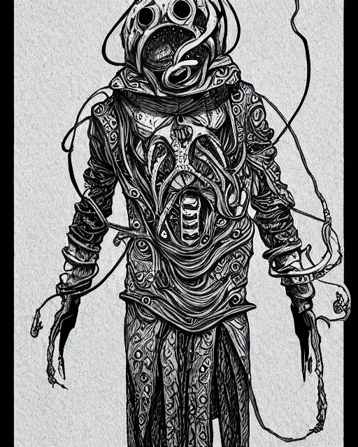 Prompt: illithid straitjacket!! black ink on paper, trending on artstation, beautiful, intricate, detailed