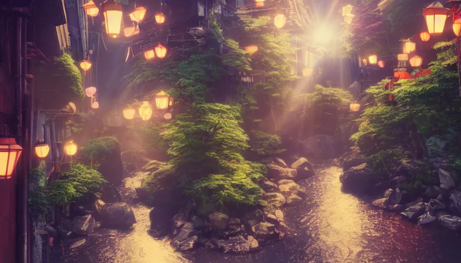 Image similar to A film still from a 1990s Sailor Moon cartoon tv show featuring a moody street in Japan with a waterfall and lanterns, lofi aesthetic, magical, golden hour, cinematic look, film grain, high detail, high resolution, 8k