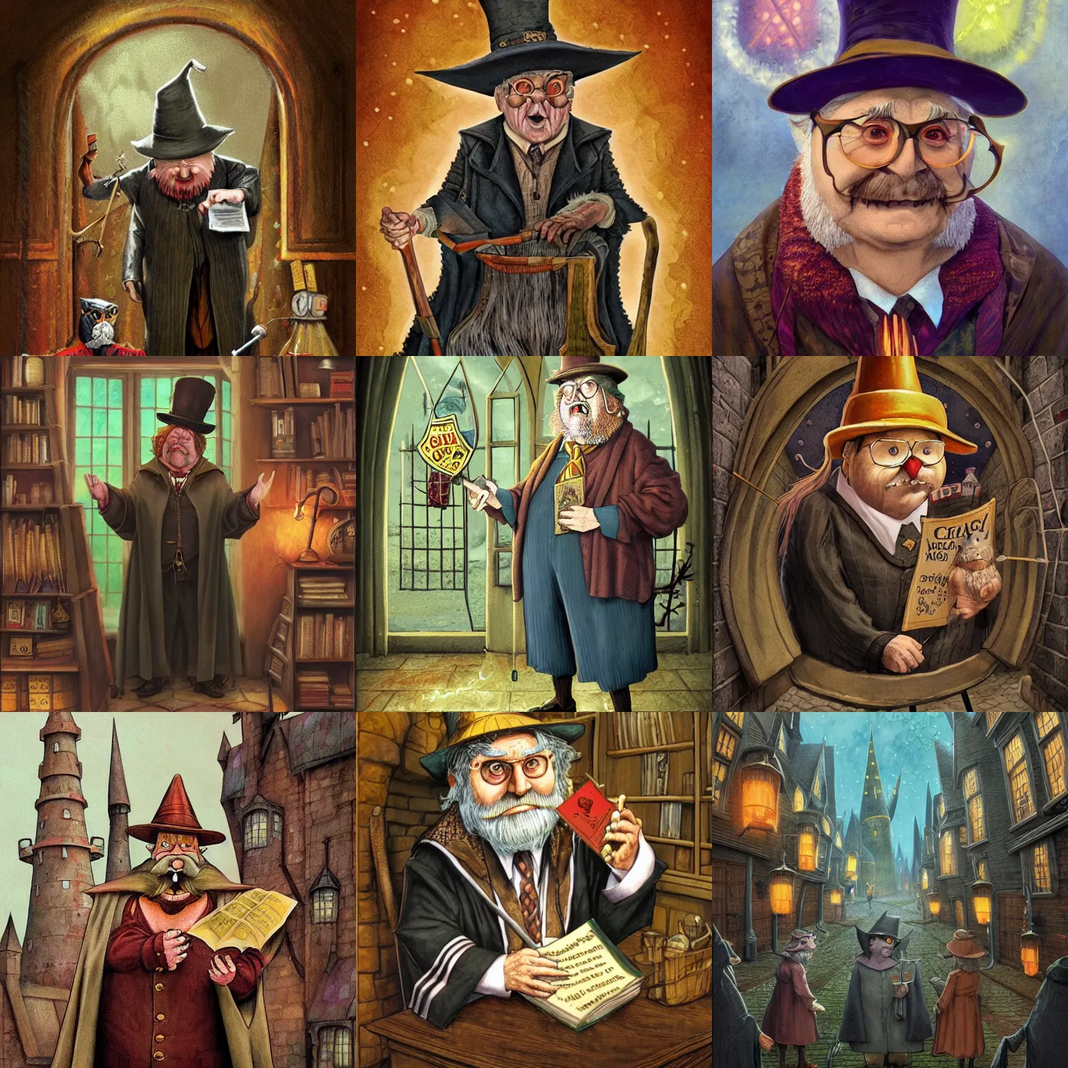 Prompt: Nanny Ogg as a debonair, professor in Hogwarts School of Witchcraft and Wizardry, detailed, hyperrealistic, colorful, cinematic lighting, digital art by Paul Kidby