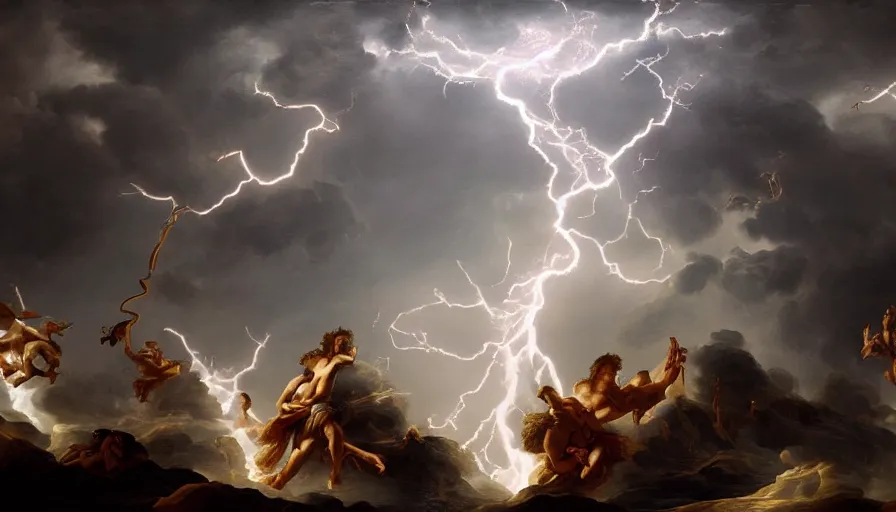 Image similar to baroque painting of zeus throwing lightning bolts on poseidon, hyperdetailed, artstation, cgsociety, 8 k