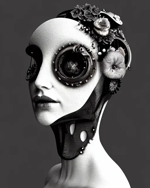 Image similar to black and white dreamy foggy smoky profile face portrait, one silver steampunk realistic eye biomechanical beautiful young female cyclope - cyborg - robot bust, body ribs meshes,, volumetric light, hibiscus flowers, by hg giger, rim light, by dora maar and cecile beaton, big gothic fashion pearl embroidered collar, 8 k
