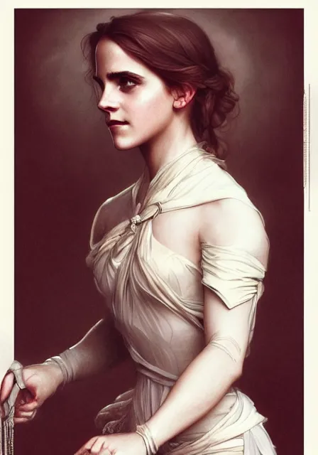 Prompt: emma watson, intricate, elegant, highly detailed, digital painting, artstation, concept art, smooth, sharp focus, illustration, art by artgerm and greg rutkowski and alphonse mucha and william - adolphe bouguereau