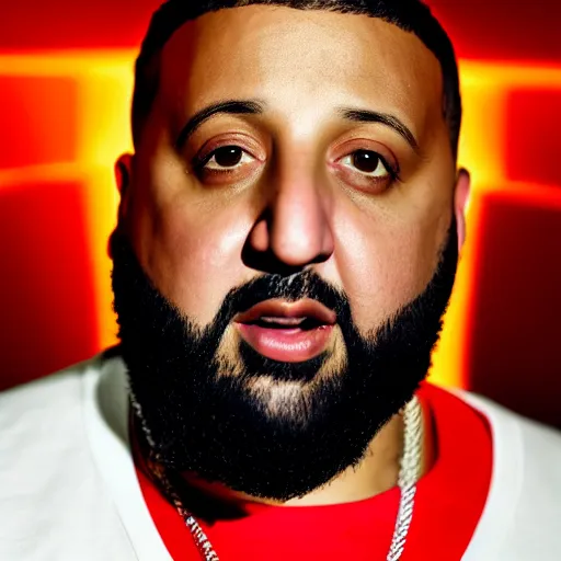 Image similar to ultra detailed portrait photo of dj khaled in a studio, blue, under red and yellow cinematic lighting