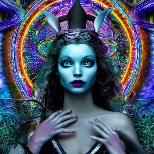 Image similar to dark fantasy, 4 k, textured 3 d, intense detail, psychedelic, alice in wonderland, white rabbit, mad hatter, amazing background, alex grey style