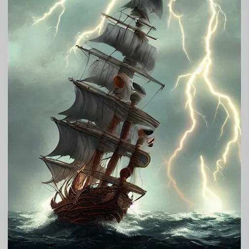 Prompt: pirate people at sea, big storm with lightnings and tornado, trending on artstation