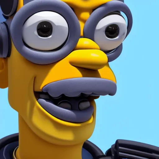 Image similar to centered portrait of a slight happy robotic 3D Homer Simpson, hyperdetailed, digital painting, trending on Artstation, cel-shading style, CG society, hyperdetailed, digital painting, hypermaximalist, golden ratio, volumetric, octane render, weta digital, micro details, 3d sculpture