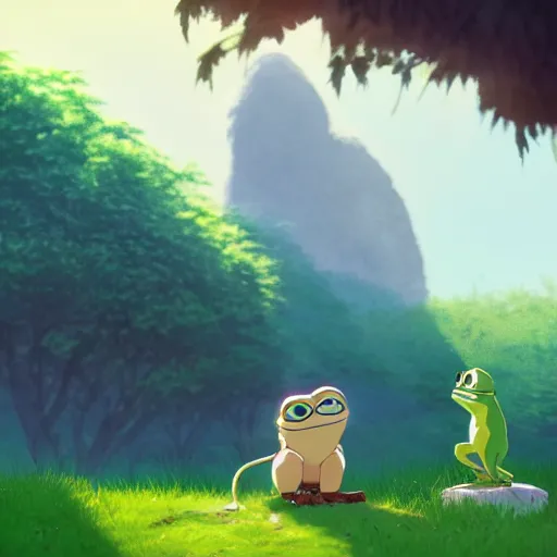 Prompt: a wholesome animation key shot of pepe the frog and a cat playing on a hill, medium shot, studio ghibli, pixar and disney animation, sharp, rendered in unreal engine 5, anime key art by greg rutkowski, bloom, dramatic lighting