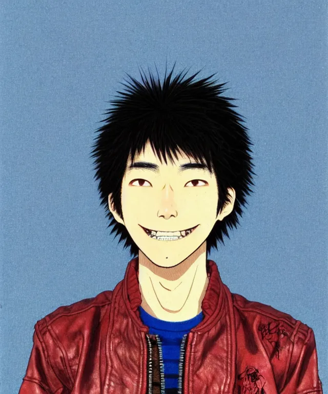 Prompt: a half - body portrait of a happy teenage japanese man, his hair is messy and unkempt, he is wearing an embroidered red leather jacket, dynamic background, a masterful illustration by otomo katsuhiro and terada katsuya and kim jung gi!!, realistic proportions!!, correct anatomy!!, high camera angle!!