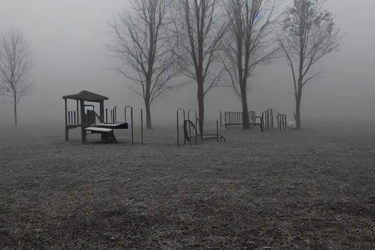 Image similar to that playground does not exist, alone, mid night, no lights, fog, very dark, dark, 2 0 0 0 s photo