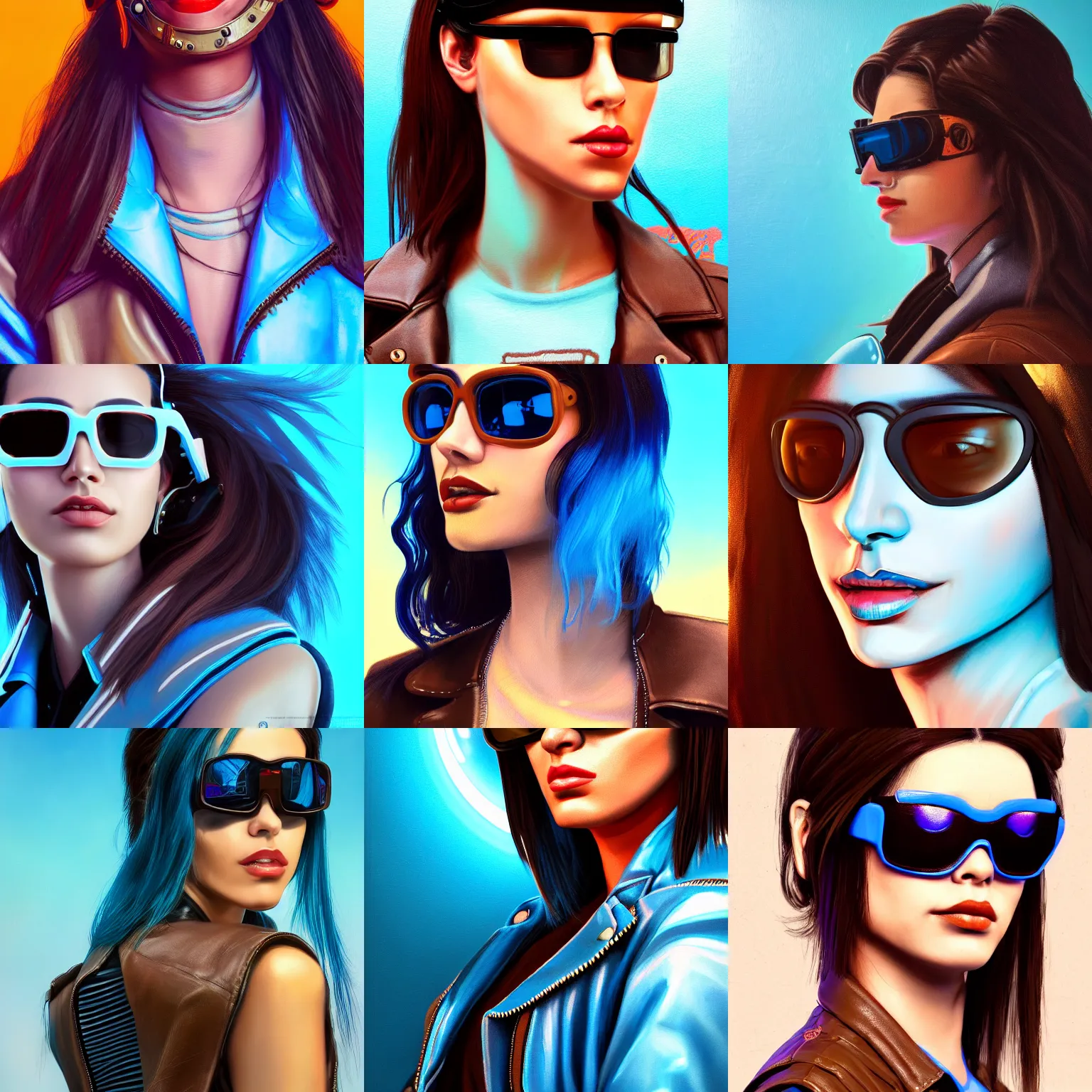 Prompt: 3 / 4 view closeup painting of a very beautiful young mexican cyberpunk woman smirking, wearing light blue shutter shades and a dark brown leather jacket, one side haircut, long brown hair with light blue ends, portrait, hyperdetailed, artstation, cgsociety, 8 k, synthwave by tangerine dream