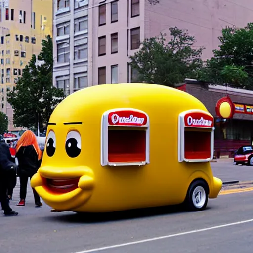 Image similar to very weird, very wrong concept of the Oscar Mayer Wienermobile on the street, photograph