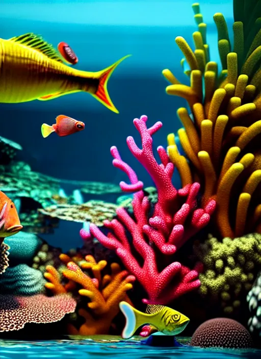 Image similar to hyperrealism, detailed textures, photorealistic 3 d render, an underwater scene with brightly coloured fish smoking cigars, brightly coloured coral, ultra realistic, ultra high pixel detail, cinematic, intricate, cinematic light, octane render, concept art, illustration, captured on canon eos r 6, art station, unreal engine 8 k