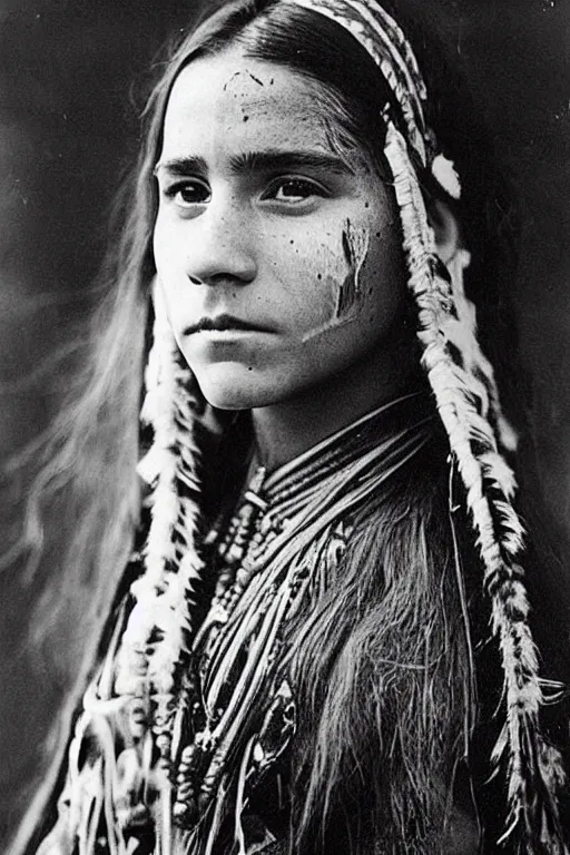 Image similar to “Photo of Native American indian woman Emma Watson, portrait, skilled warrior of the Chiricahua Apache, Lozen was the sister of Victorio a prominent Chief, showing pain and sadness on her face, ancient, realistic, detailed, emma watson”