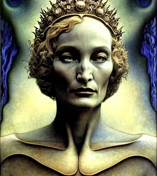 Image similar to detailed realistic beautiful young alien robot jessica lange as queen of mars face portrait by jean delville, gustave dore and marco mazzoni, art nouveau, symbolist, visionary, gothic, pre - raphaelite. horizontal symmetry by zdzisław beksinski, iris van herpen, raymond swanland and alphonse mucha. highly detailed, hyper - real, beautiful