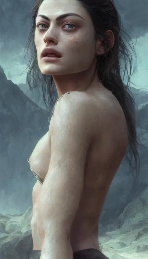 Image similar to epic masterpiece phoebe tonkin, sweaty skin, hyperrealistic, octane render, cinematic, beautiful face and flawless skin, perfect hands, 5 fingers, by edgar maxence and ross tran and michael whelan, legends of runeterra